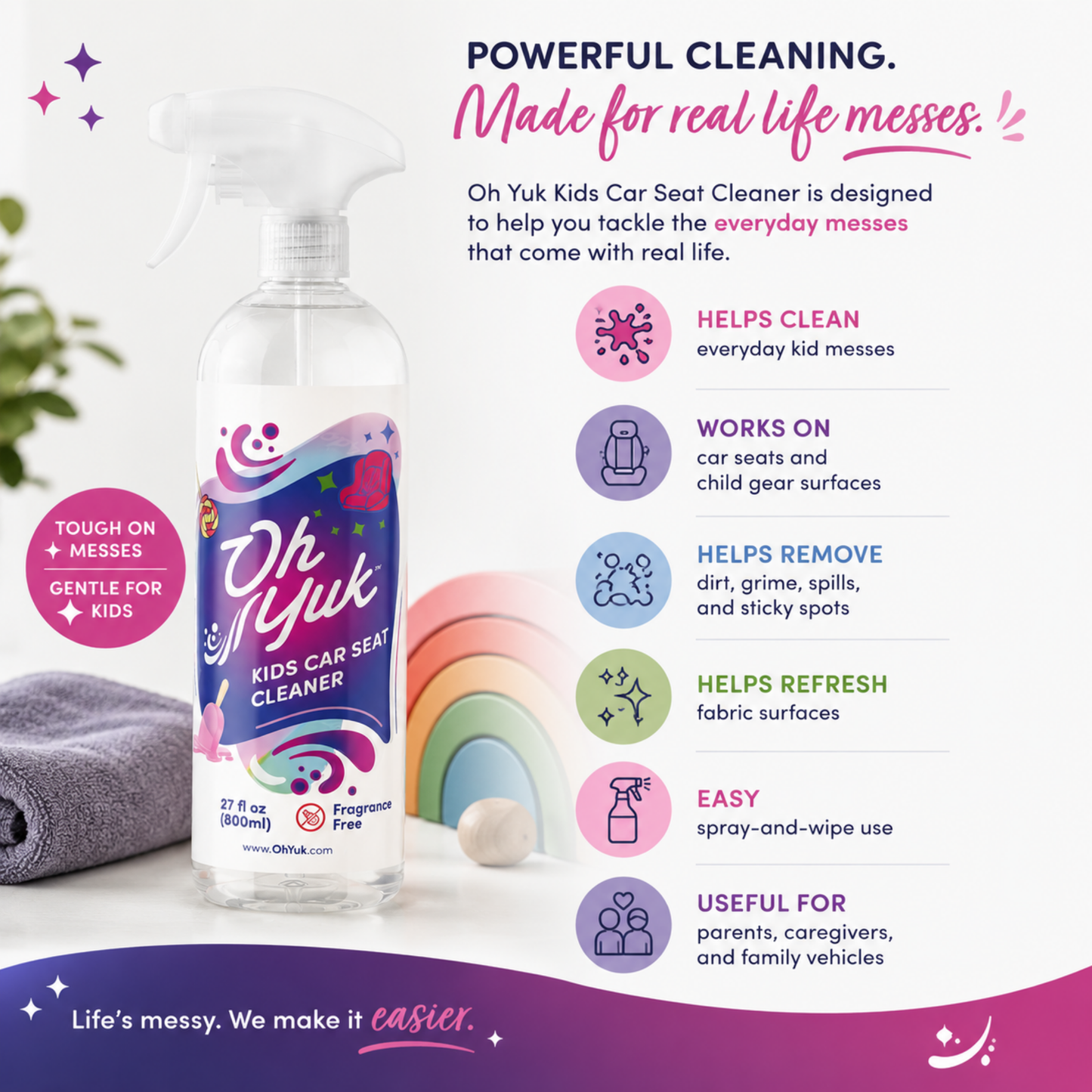 Cleaning vomit from a child's car seat with Oh YUK cleaner