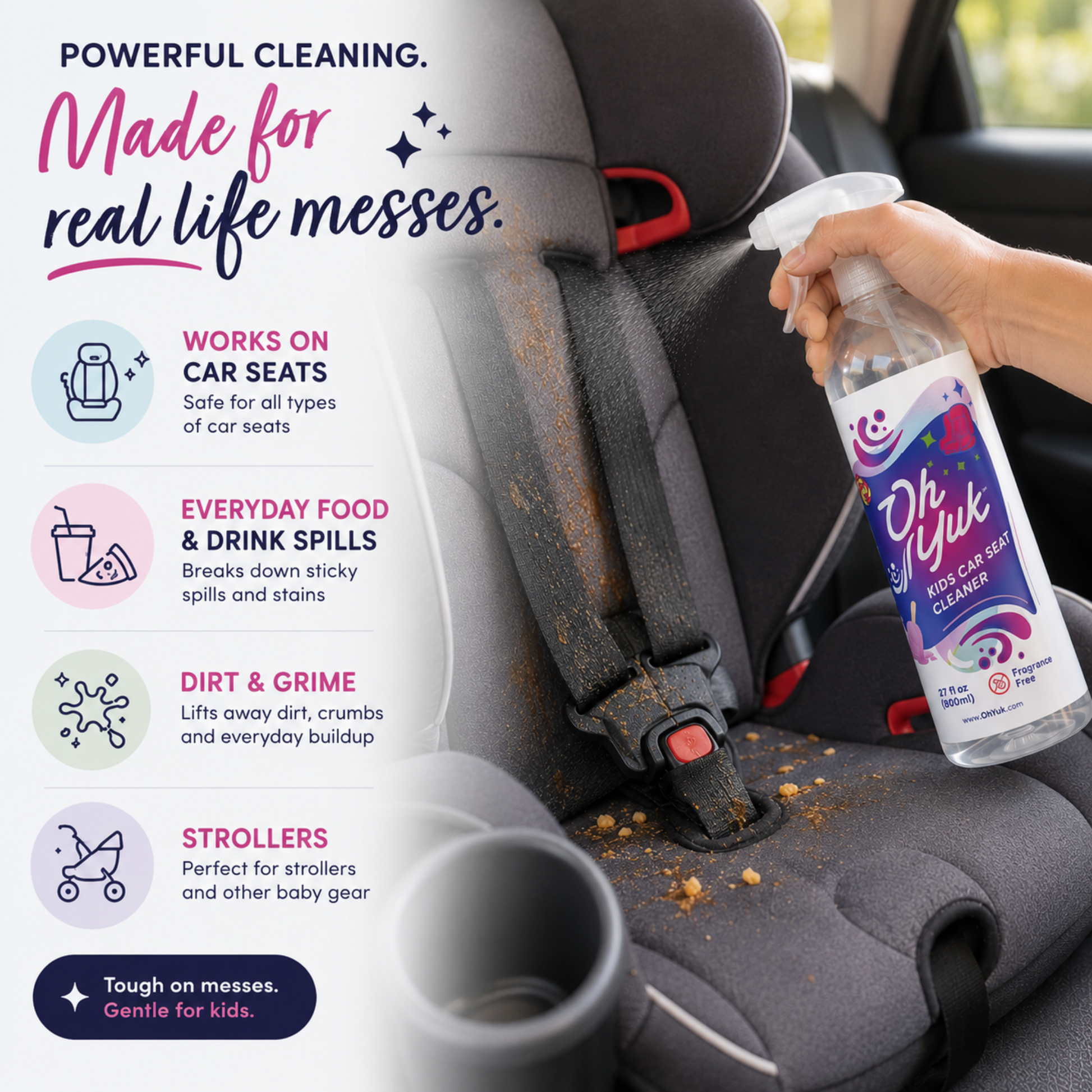 Cleaning vomit from a child's car seat with Oh YUK cleaner
